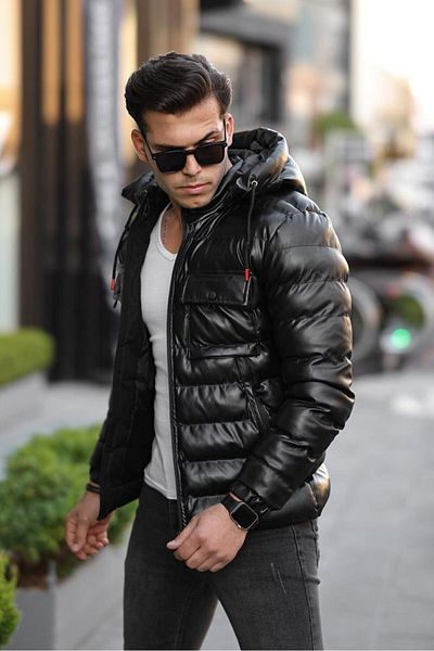 inpool Men's, Water and wind resistant, Detachable hood, Leather Coat