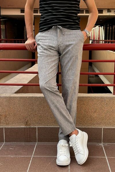 inpool Men's, regular-fit, elastic, old-money culture, cotton, linen woven fabric pants 24INP279