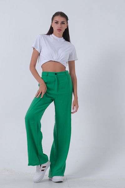 Feminist Green Linen Trousers - High Waist and Wide Leg01020661