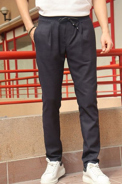 inpool Men's, pleated detailed waist lace-up elastic, cotton trousers