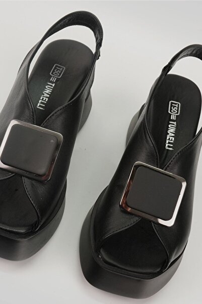 TUNAELLİ Dámské černé sandály z pravé přírodní kůže