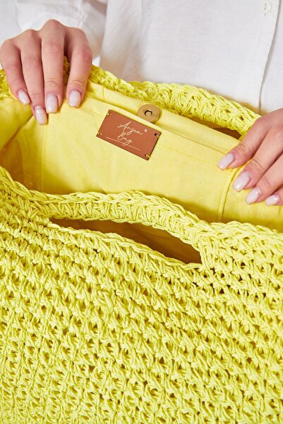 ANJEA Via Veneto El Yapımı Kağıt İp Çanta | Astarlı | Sarı | 45x50 cm | Günlük ve Plaj Kullanımına Uygun