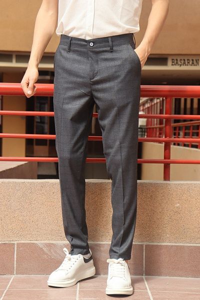 inpool Men's Navy Blue Plaid Pattern Slim-fit Polyviscose Trousers