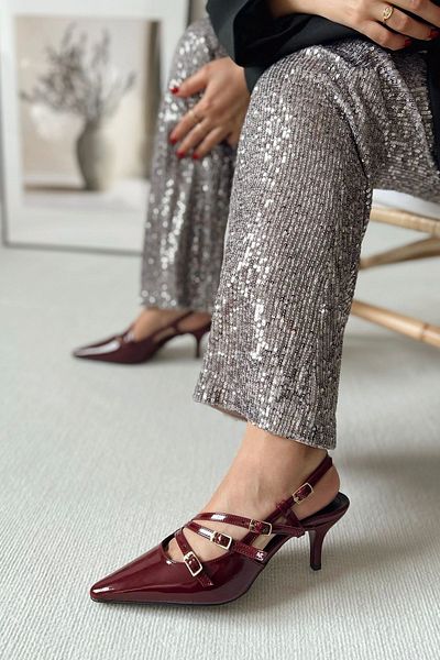POLKA STORE Obsession Triple Pointed Toe Three-Striped Buckle Burgundy Patent Leather Heeled Cherry Red Women's Shoes