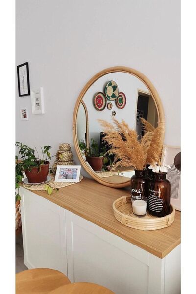 kardelen bambu mobılya Bambu Yuvarlak Ayna 60 Cm Çoçuk Odası Ayna Tasarım Rattan