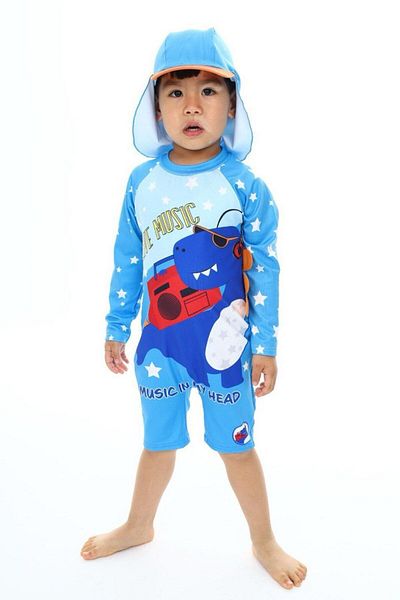 mikam Boy's hat zipper long-sleeved knee-high sun protection two-piece swimsuit