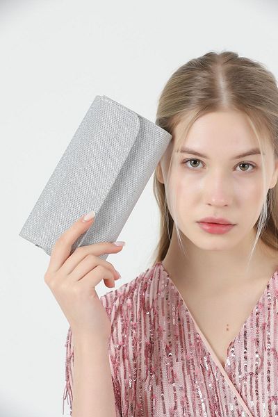 bibags Ασημί Glitter Βραδινό Φόρεμα Clutch Τσάντα
