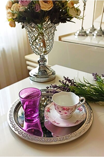 Abant Yuvarlak 6'lı Lüx Paslanmaz Çelik Desenli 24cm Kahve Servis Sunum Tepsisi