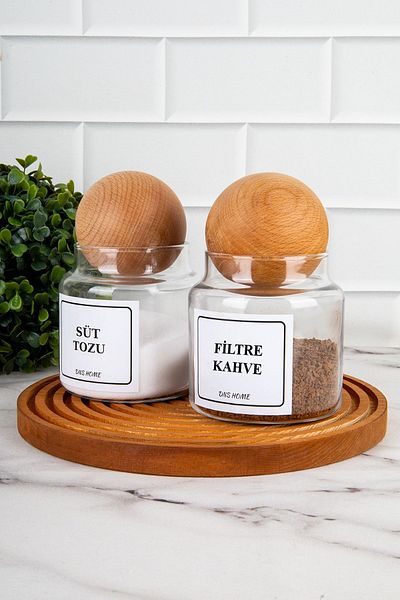 DNS HOME 500 ml Capacity 2-Piece Wooden Ball Glass Storage Set - Coffee and Milk Powder Labeled