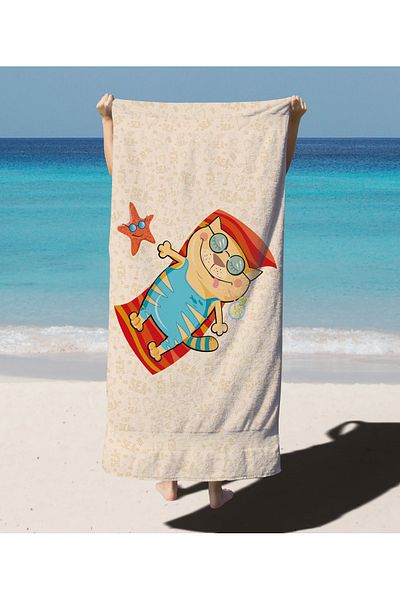 Erays Home Digital Printed Happy Cat Patterned Beach Bath Towel