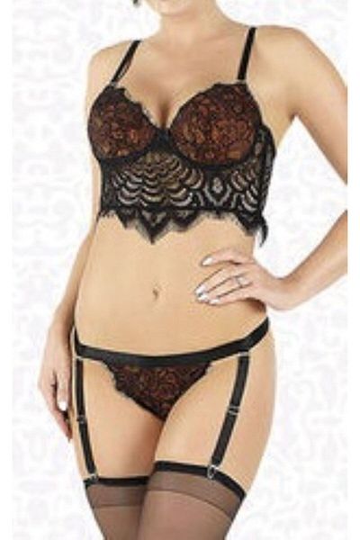 Elawin Μαύρο/Καφέ Laminated Lace Fancy Garter Σετ - 10100