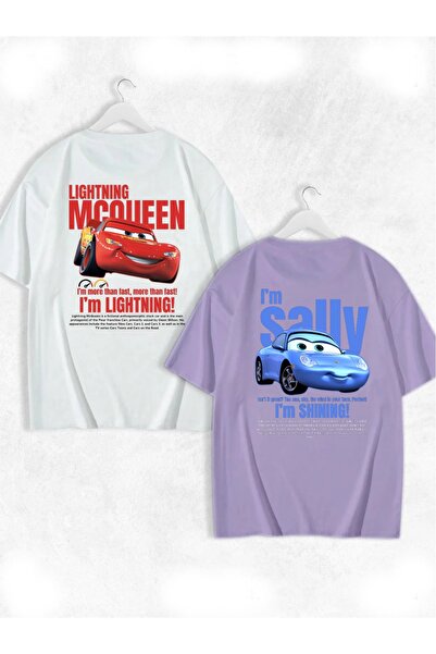 FULL TOLERANCE - - Unisex Siyah Beyaz I'm Sally Ve Şimşek McQueen Cars Baskılı 2'li Kısa Kol %100 Pamuk T-shirt