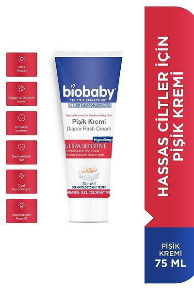 Biobaby Baby Diaper Rash Cream 40% Zinc 75 gr - Contains Organic Buckthorn Oil and Olive Oil