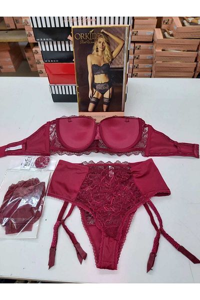 Orkide Burgundy Sofia Flower Patterned Push-up Garter Set