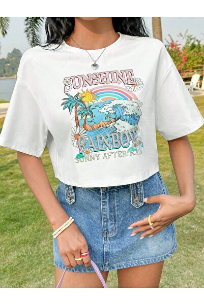 over head oh Top crop oversize pentru damă cu imprimeu alb cu curcubeu