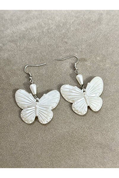 sleyshop Beyaz Renk Işıltılı Kelebek Küpe