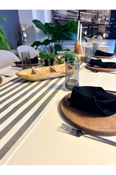 Decamor home Smoke Gray Striped Linen Long Runner Care Free Stain Resistant