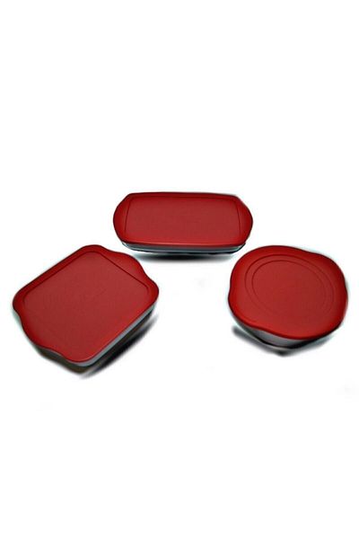 Paşabahçe Square Rectangular Round Red Covered Borcam Set 3 Pieces 59001 59034 59006