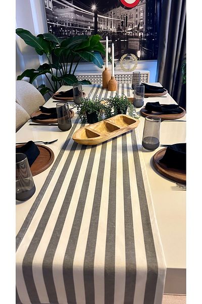 Decamor home Smoke Gray Striped Linen Long Runner Care Free Stain Resistant