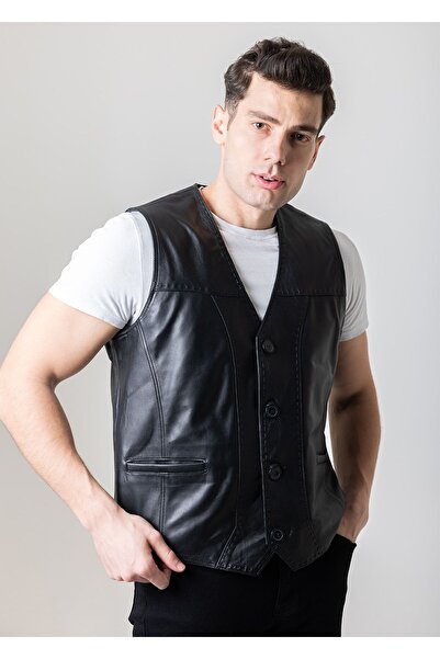 By Motto Erkek Siyah Hakiki Deri Yelek Feliciano