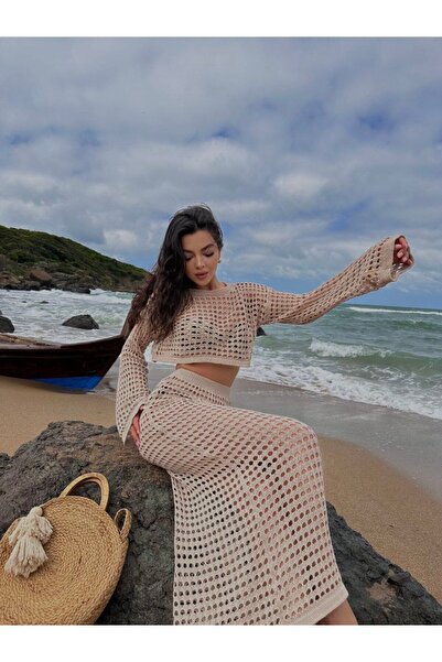 KENZA'A TRİKO Ανοιχτόχρωμο Γυναικείο Σετ Μπλούζα και Φούστα