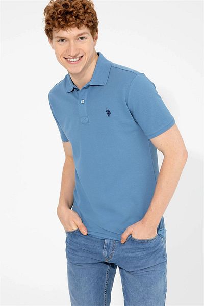 U.S. Polo Assn. Tricou de bază cu gât polo ALBASTRU închis pentru bărbați 1350446