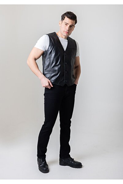 By Motto Erkek Siyah Hakiki Deri Yelek Feliciano