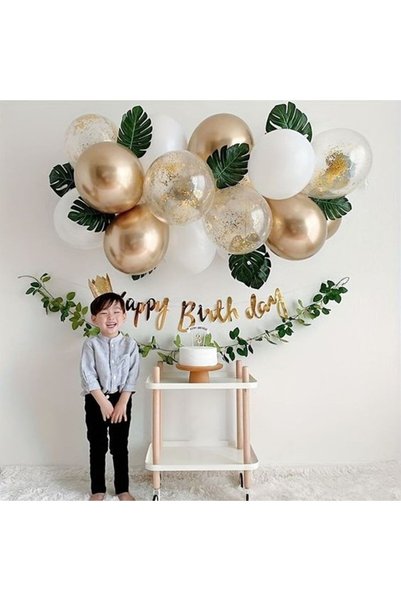 Parti Station Gold Colored Happy Birthday Banner and Transparent White Latex ...