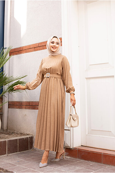 Sfg Life Moda Λινό Πλισέ Φόρεμα - Λαιμόκοψη, Ελαστικό μανίκι και Λεπτομέρεια ζώνης