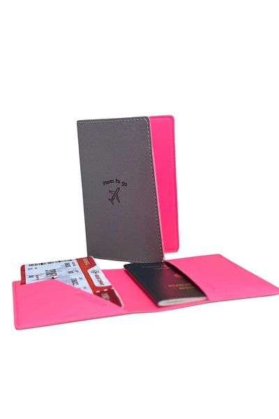 Smyrna Acar Mira Thermo Leather Double Color Passport Holder Passport Case Travel Wallet Gray-Neon Pink