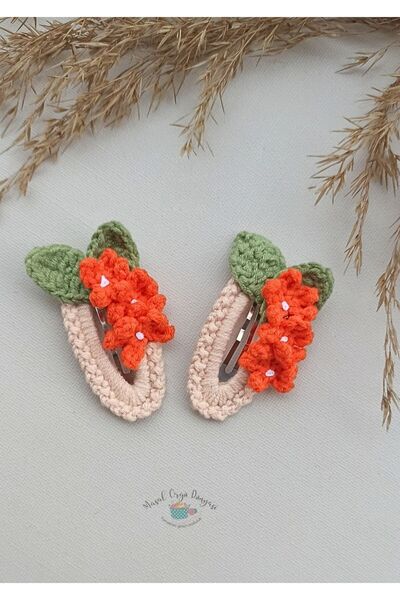 Masal Örgü Dünyası Orange Crispy Flower Snap Clasp Reflects Your Hair Style N...
