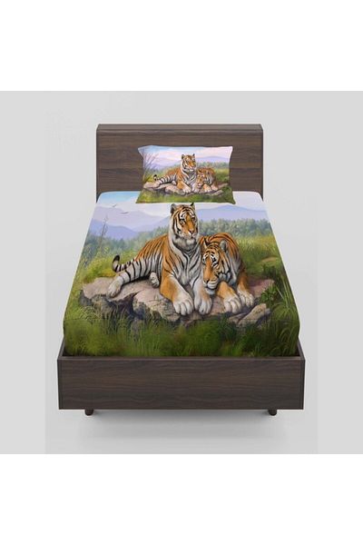 Else Halı Else Forest Tigers 3D Patterned Elastic Single Bed Sheet Set 90x190cm