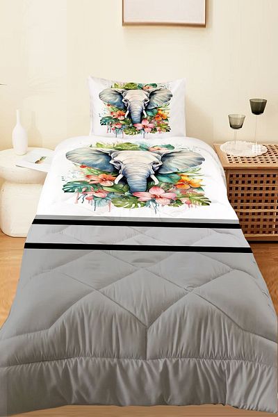 Else Halı Single and Children's Microfiber Quilted Sleeping Set - Colorful Elephant Pattern, Quilt Pillow