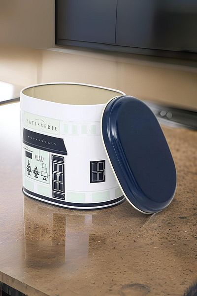 EVLE Ef004-f8 Patisserie Blue Home Patterned Oval Metal Storage Container 11x15 Cm