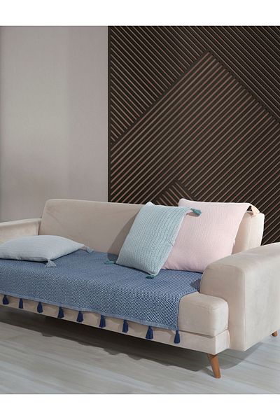 Lux Touch Κάλυμμα καναπέ Navy Blue Lavi Pompom - 115x200 cm Καναπές Πολυθρόνα, Φουντωτό Κάλυμμα Πολυθρόνας