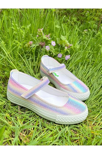 NS Little Orthopedic Girl's Ballerinas, Rainbow Patterned Ballerinas with Sneaker Sole