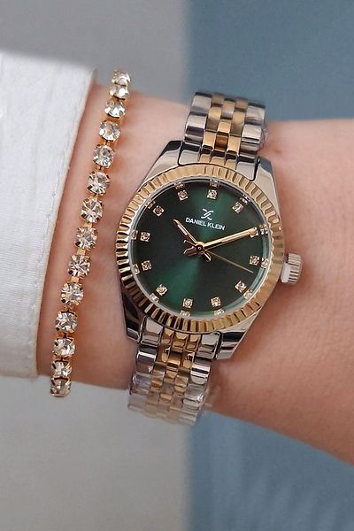 Daniel Klein Green Dial Gold Small Case Women's Wristwatch with Jubilee Bracelet and Jewelled Bracelet Gift