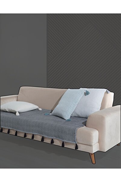 Lux Touch Lavi Ponponlu Siyah Koltuk Örtüsü 115 x 200 cm Kanepe Divan Çekyat Berjer Örtüsü Şalı Püsküllü