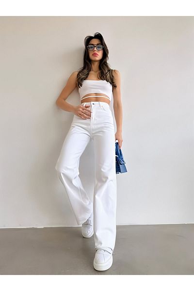 TRENDNATUREL Dámské bílé Palazzo Jean High Waist White Loose Jean 100% přírodní bavlna