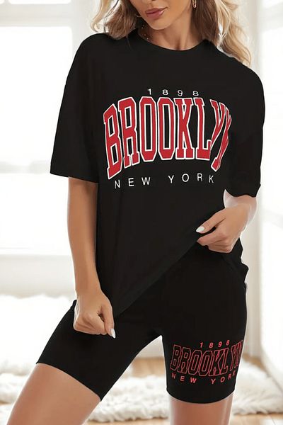 MODAGEN Set de jambiere tricou cu imprimeu Brooklyn negru pentru femei
