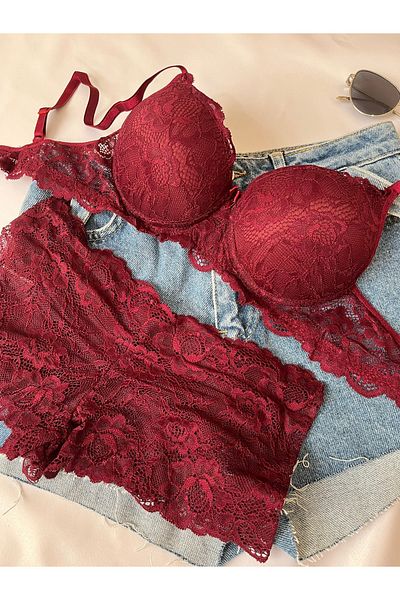 Lunary Half Support Underwire Tulle Lace Embroidered Burgundy Bra Panty Set - Women's Lingerie