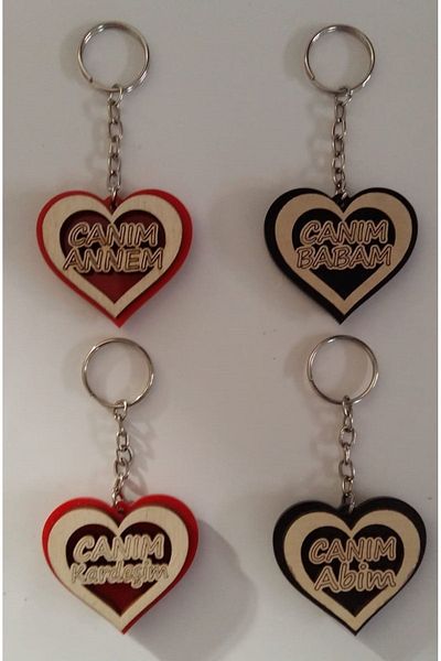 Hira Specially Designed 4 Wooden Keychains. "My Dear Mother", "My Dear Father", "My Dear Brother", "My Dear Brother"