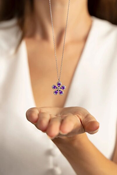 Sahira Jewelry Mor Damla Taşlı Çiçek Gümüş Kaplama Kadın Kolye