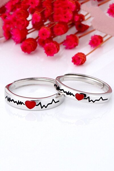 Sahira Jewelry Kırmızı Kalp Ritmi Motifli Gümüş Kaplama Ayarlanabilir Çift Al...