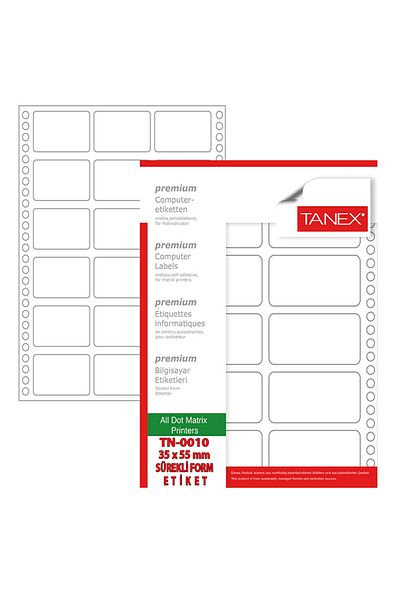 Tanex Tn-0010 White Continuous Form Printer Label - 35x55mm, 2,000 Pieces/pk