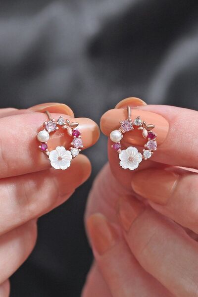 Sahira Jewelry Orkide Ve Renkli Taşlı 14 K Rose Altın Kaplama Kadın Küpe