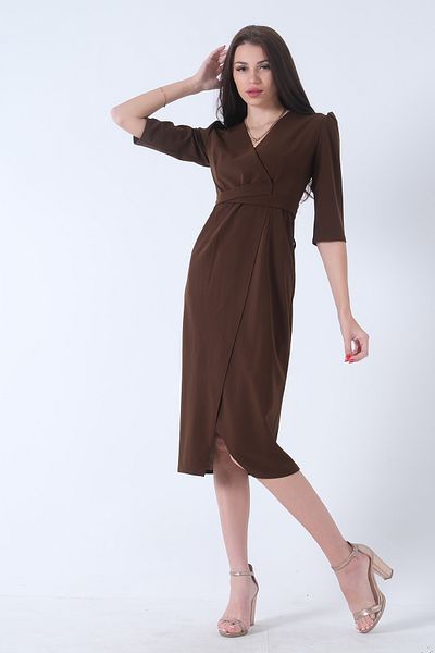 Feminist Double Breasted Collar Midi Crepe Dress Brown0104010