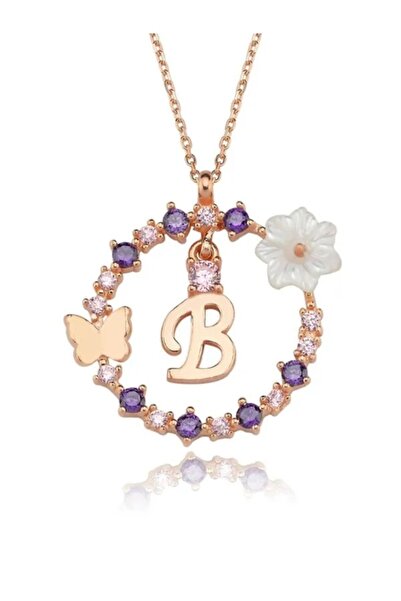Sahira Jewelry Manolya Çiçeği Düşler Işıltısı 14K Rose Gold B Harfi Kadın Kolye