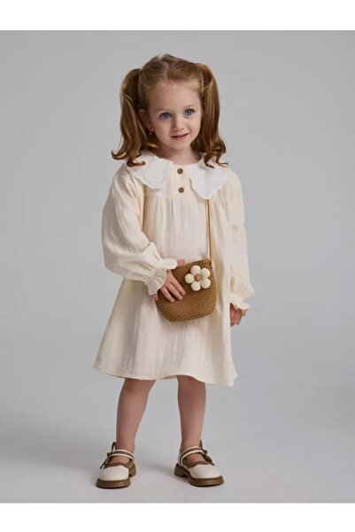 HN HNT TEKSTİL Girl's Muslin Ecru 100% Cotton Dress with Lace Collar