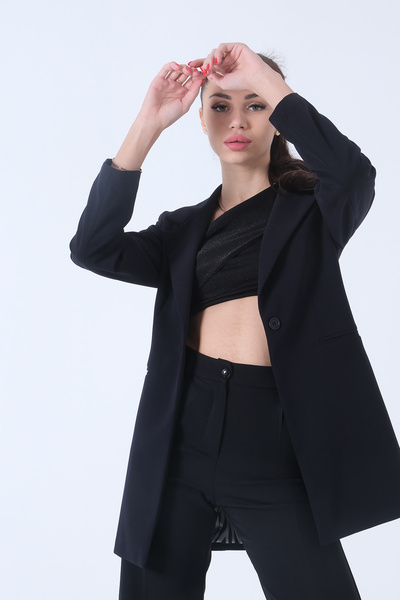 Feminist Zebra Astar Detaylı Krep Blazer Ceket Lacivert 01051201